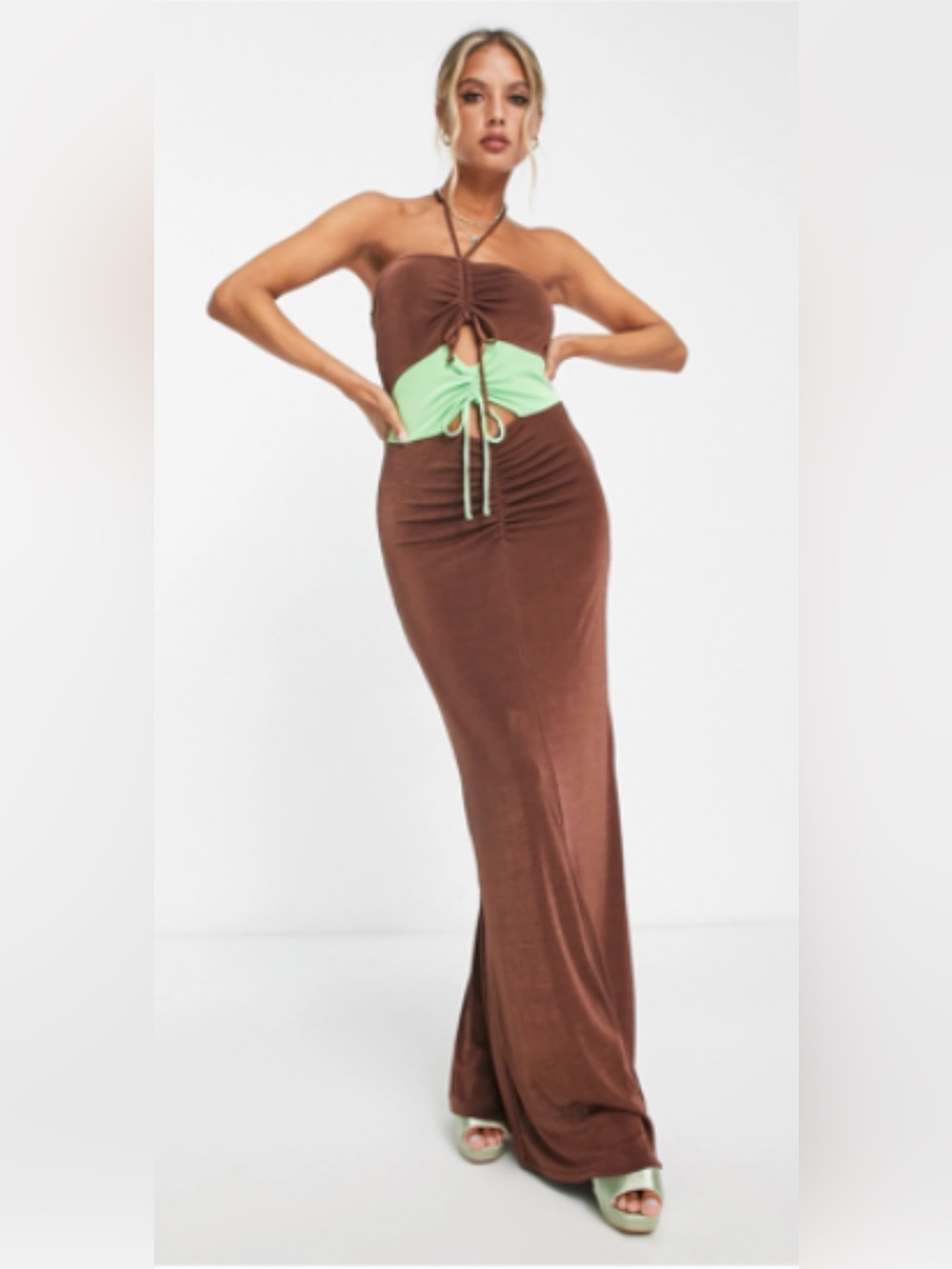 Topshop Brown Halter Jumpsuit with Bright Green Waist Accent